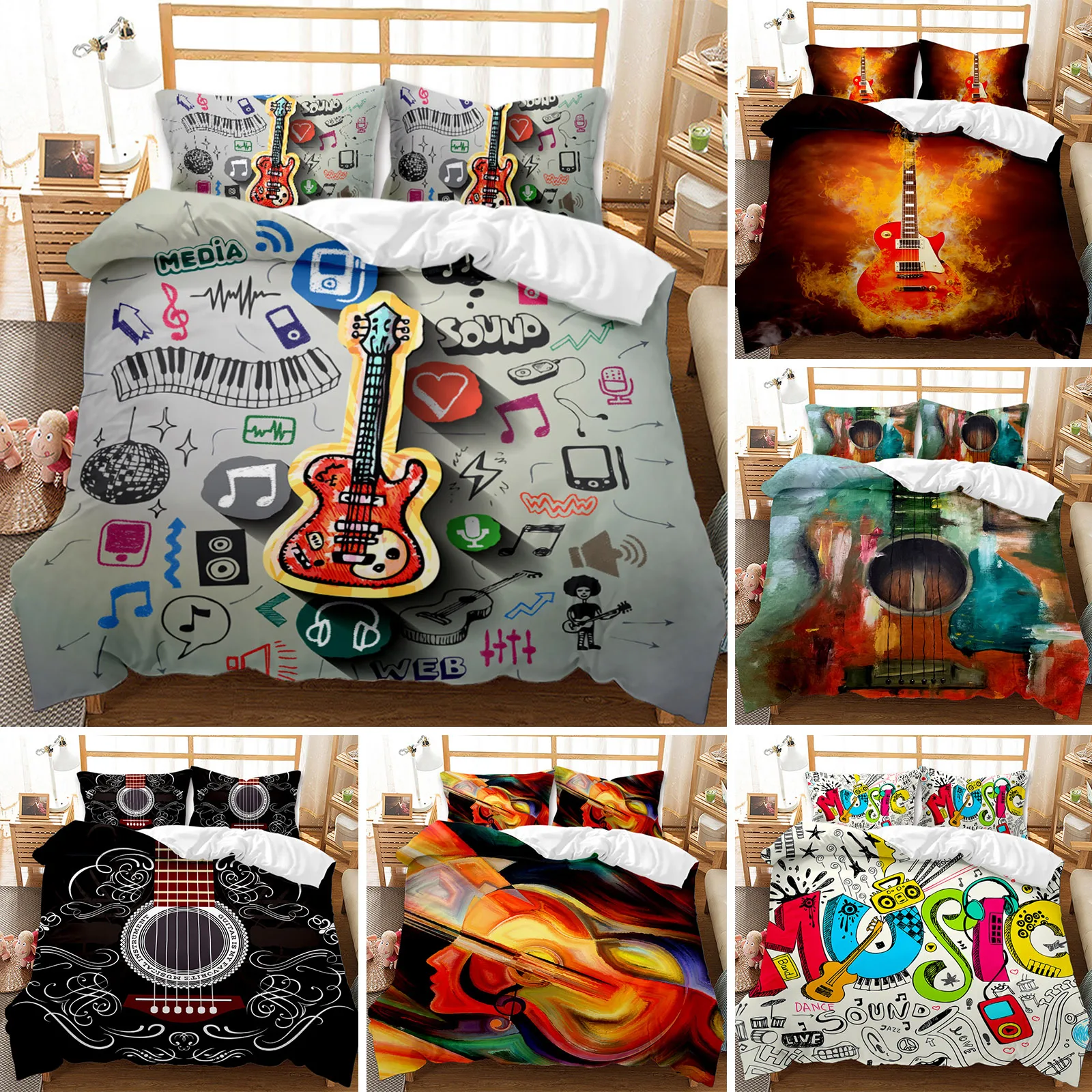 

Guitar Duvet Cover Set Twin Rock Music Comforter Cover Set Hip Hop Hippie Quilt Cover Blue Guitar Polyester Bedding Set for Teen