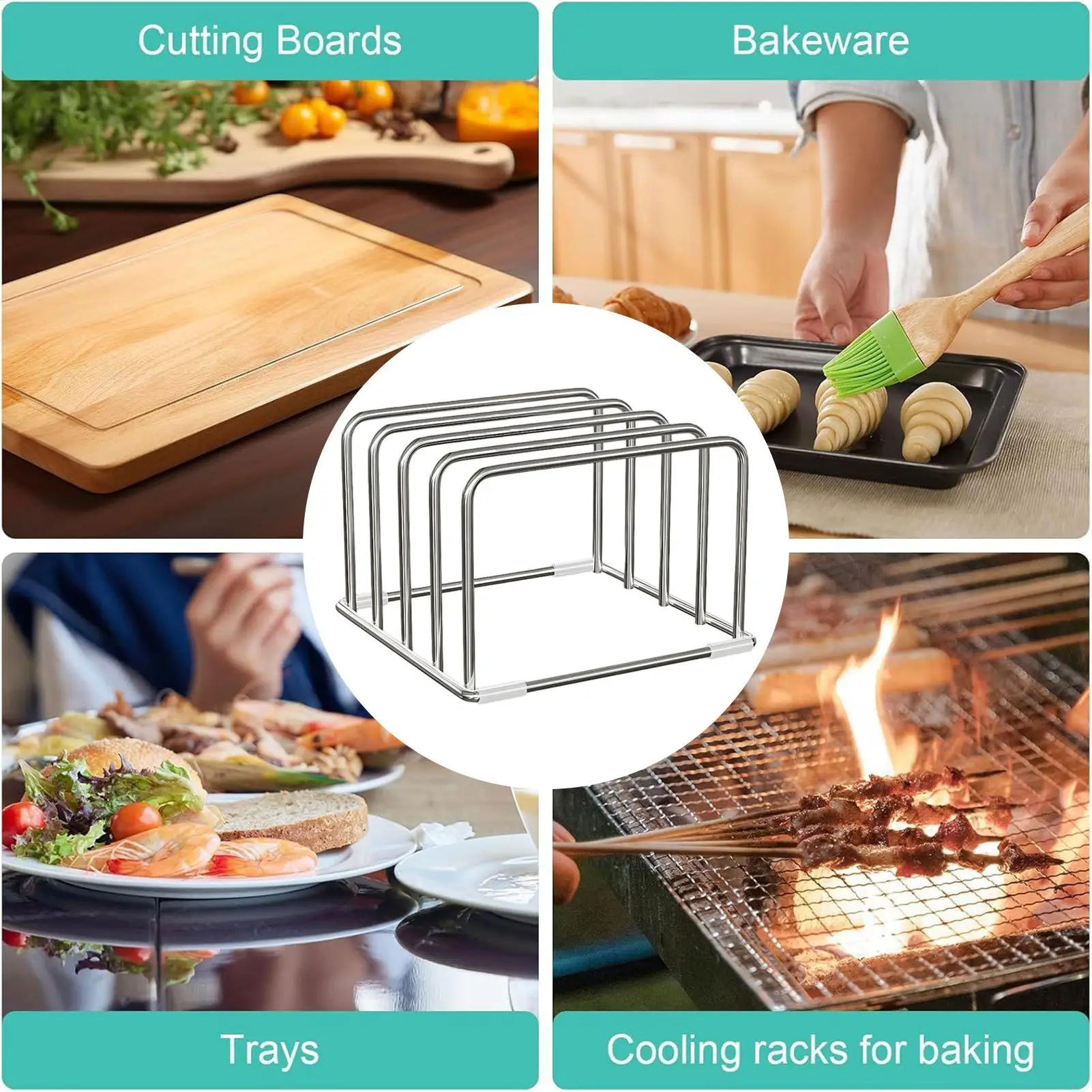 Organizzatore da Cucina Sospeso, Supporto per Tagliere, Gancio per Asciugamani e Stracci da Cucina, Porta Tagliere e Coperchio per Pentole, Scaffale Portaoggetti - immagine 5