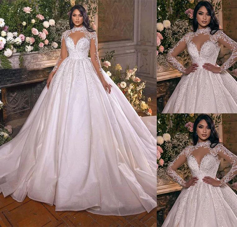 

Beautiful High Neck Ballgown Long Sleeves Wedding Dresses Lace Vestido De Noiva Beads Arabic Dubai Vintage Bridal Gowns