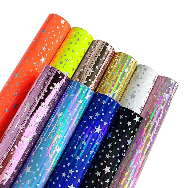 

Silver Holographic Star Pattern Textured Faux Leather Synthetic Leather Fabric Roll For DIY Sewing Furniture Bow Bag Accessories