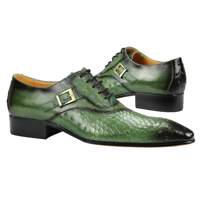 Men's Leather Shoes High Quality Cowhide Leather Oxford Dress Wedding Party Formal Suits Matches Black Green Color Fashion Print
