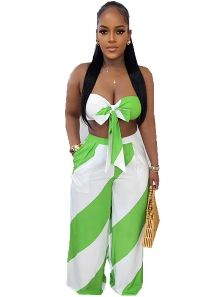 Wmstar Two Piece Set Women Wholesale New Woman Clothing Sexy Strapless Fashionable Printed Set Loose Wide Leg Pants Matching