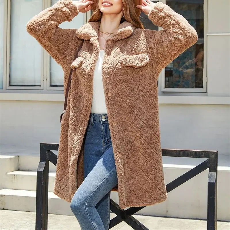 

2023 Autumn Winter New Women's Plush Loose Single breasted Diamond Coat