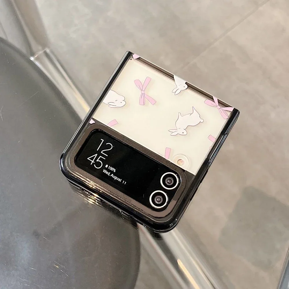 Black Border Acrylic Rabbit Bowknot Phone Case for Samsung Galaxy Z Flip 5 4 3 Back Cover for ZFlip4 ZFlip5 Hard Case Shell