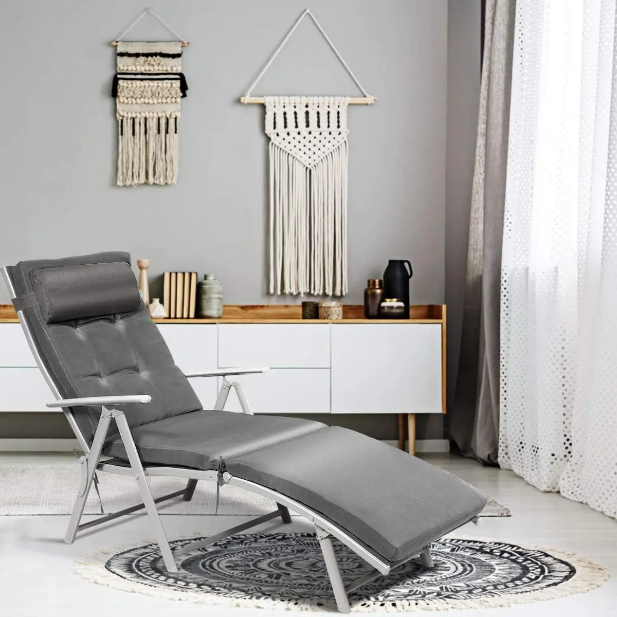 Outdoor Folding Chaise Lounge Chair, Lightweight Recliner Chair w/ 7 Adjustable Backrest Positions, Patio Reclining Beach w