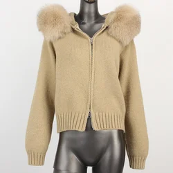 2023 Autumn Winter Casual Hooded Real Fox Fur Collar Fashion Short Knitted Jacket with Natural Fur Coat for Women New Fashion