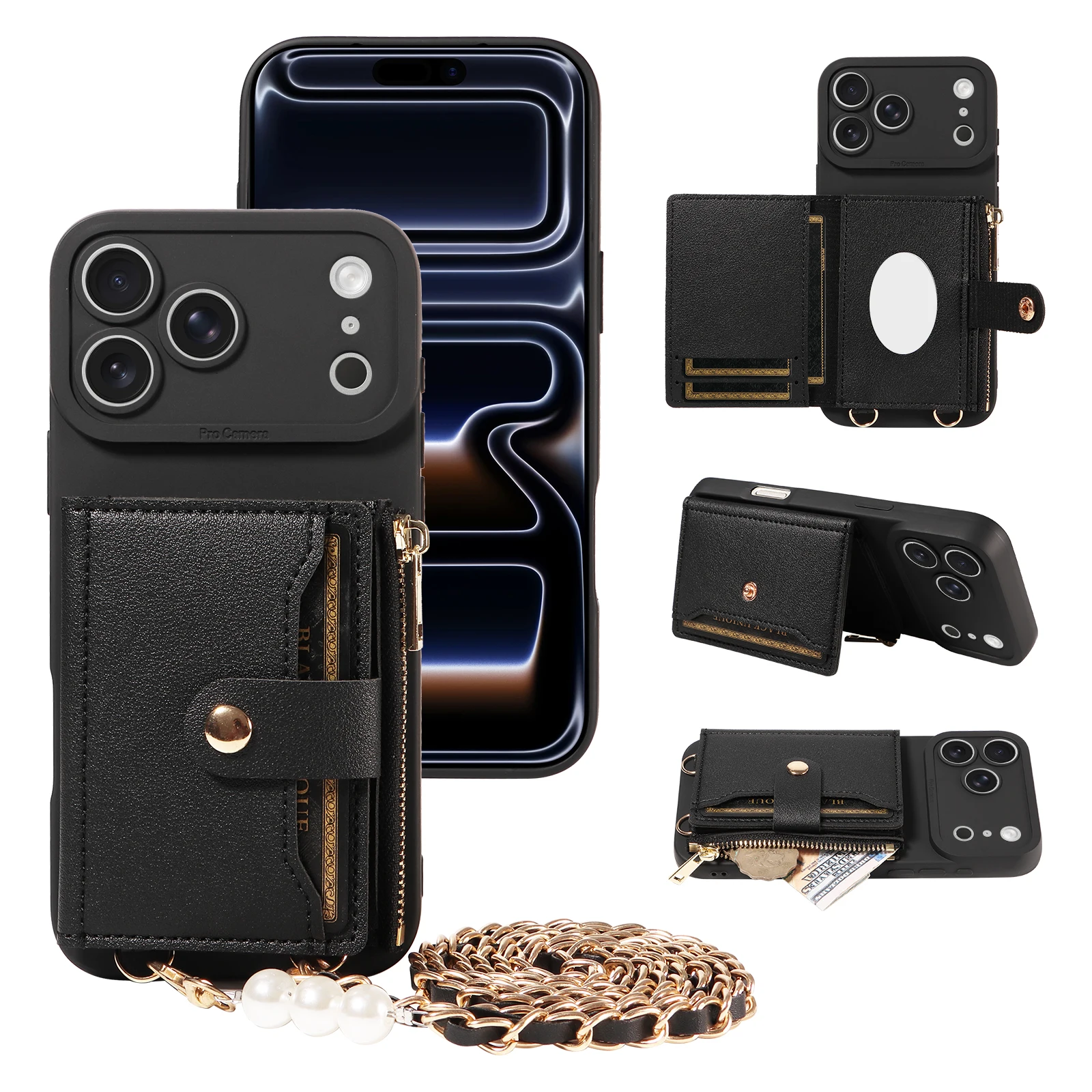 Leather Phone Case with Mirror & Pearl-Studded Strap - Shockproof Cover