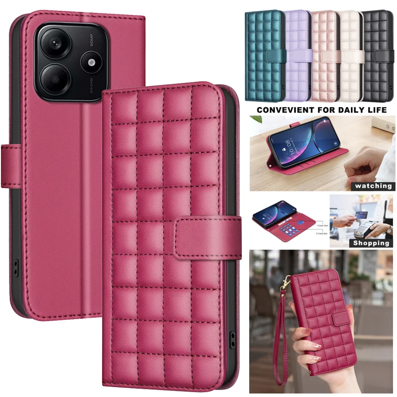 Elegant 3D Checkered Pattern Leather Wallet Case with Magnetic Flip Cover