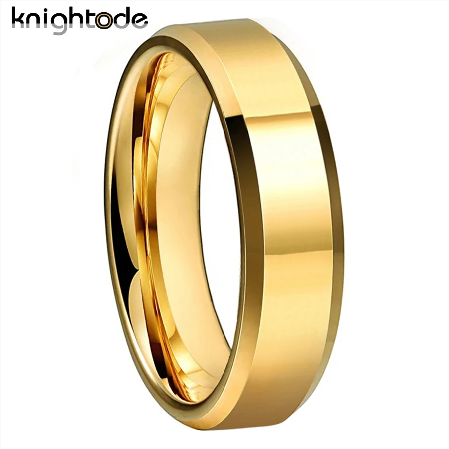 6/8mm Gold Color Wedding Band Men Women Tungsten Carbide Engagement Rings Beveled Edges Flat Polishing Comfort Fit