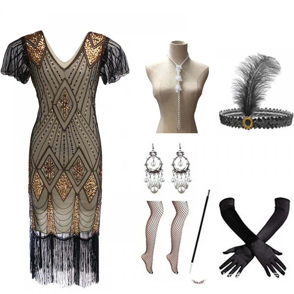 thumbnail image 1 of Vestido estilo flapper con flecos y lentejuelas estilo art déco de los años 20 para mujer, accesorios para disfraces, bata, vestidos de cosplay, vestidos de fiesta de noche, 1 of 4