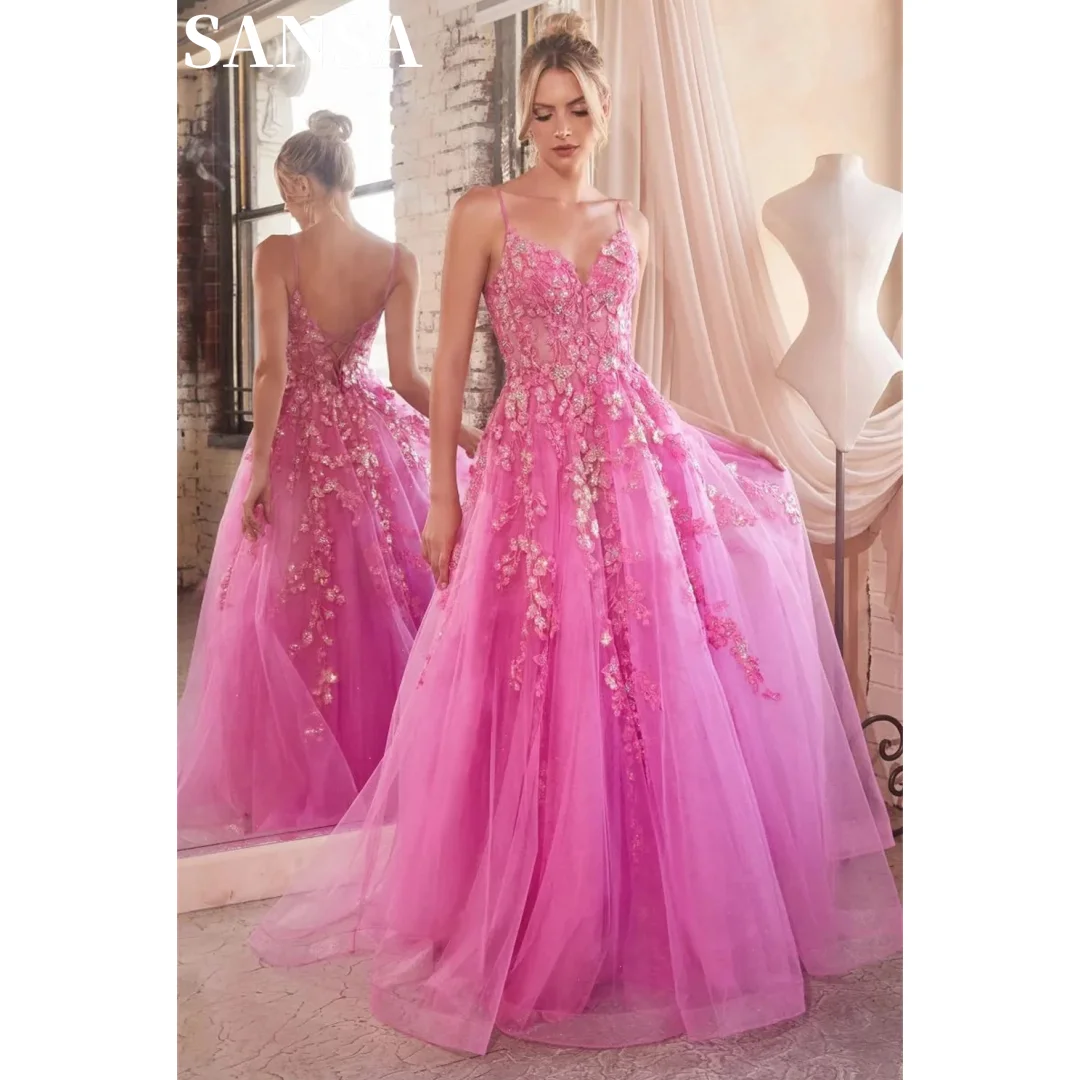 

Sansa Lace Embroidery فساتين السهرة Spaghetti Strap A-line Tulle Vestidos De Noche Elegant Sleeveless Floor-Length Prom Dresses