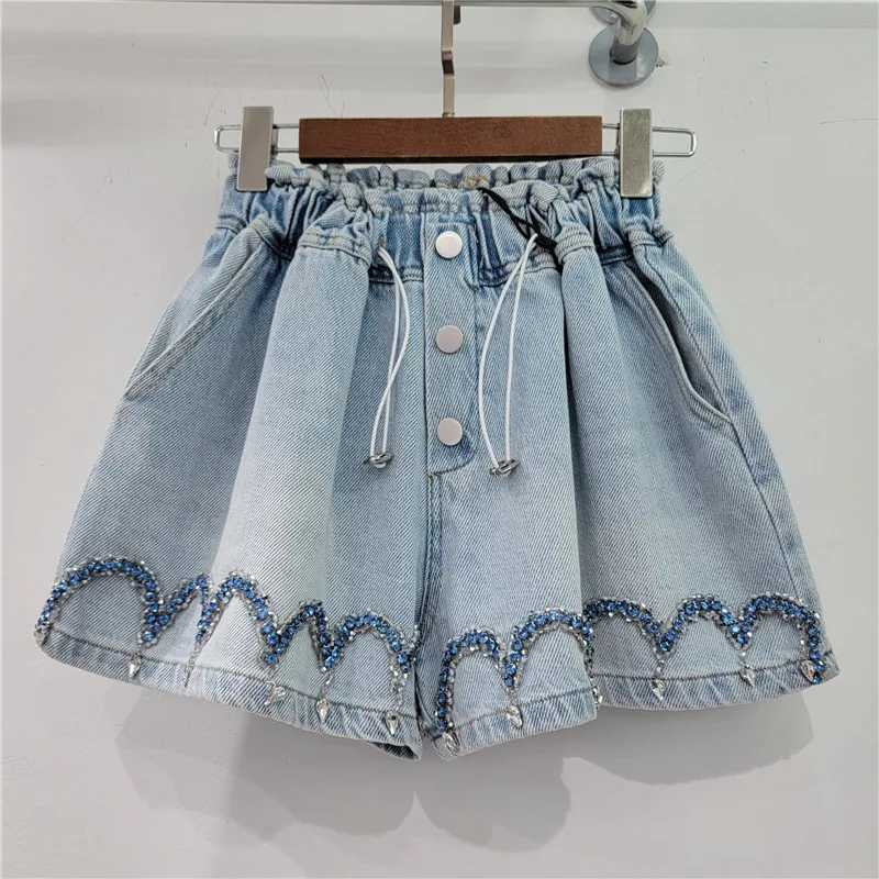 

Denim Shorts 2023 New Heavy Industry Wavy Grain Nail Beaded Design High Waist Wide Leg Denim Shorts Free Shipping