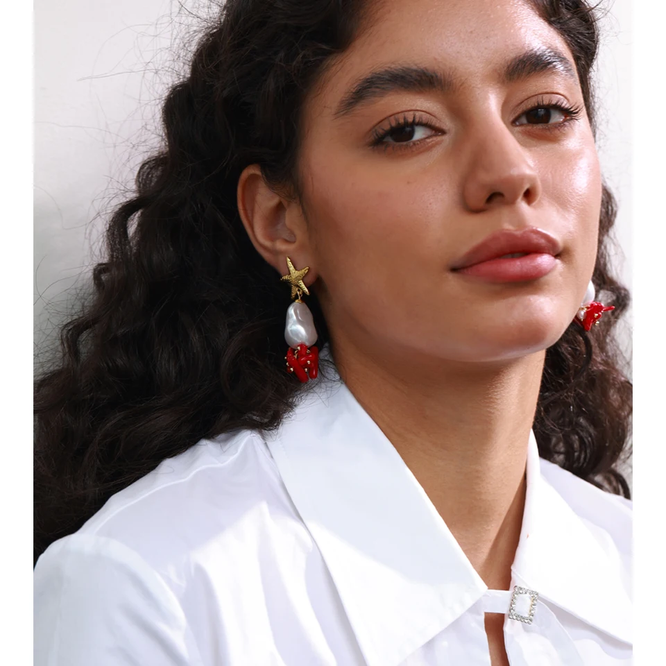 Yhpup ファッション天然石模擬真珠ヒトデサボテンドロップイヤリング