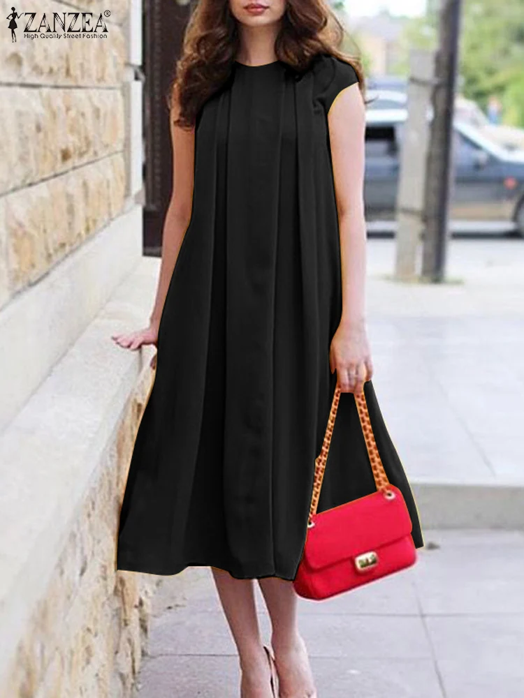 

Платье ZANZEA женское с круглым вырезом, модный праздничный Сарафан до середины икры, элегантное свободное элегантное платье-трапеция с коротким рукавом, в Корейском стиле, на лето