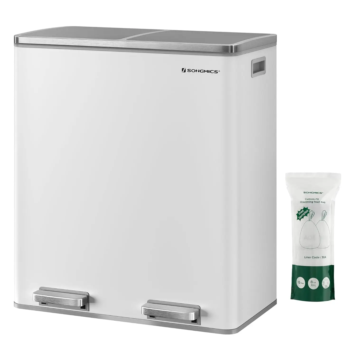 Trash Can 2 x 8 Gal Garbage Can for Kitchen with 15 Trash Bags 2 Compartments Plastic Inner Buckets and Hinged Lids