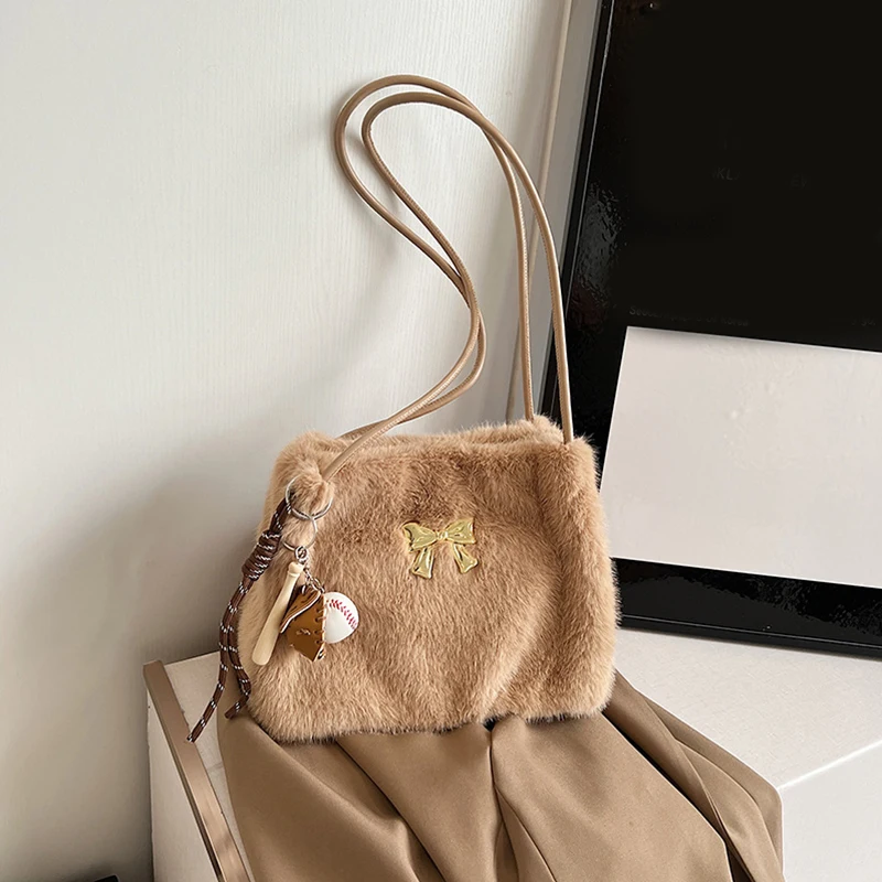 Baseball Pendant Tote Bag Solid Color Ladies Bag Stylish Bow Decor Shoulder Bag Versatile Plush Bag for Women