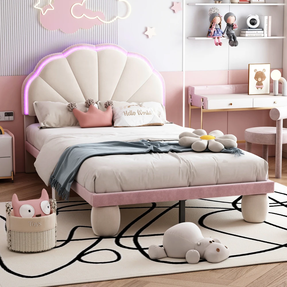 PINGGO Samt-Kinderbett Einzelbett Gepolstertes Bett mit LED-Beleuchtung Wellenförmiges Kopfteil Holzlatten Runde Beine 90x200cm Ohne Matratze – Detail 6