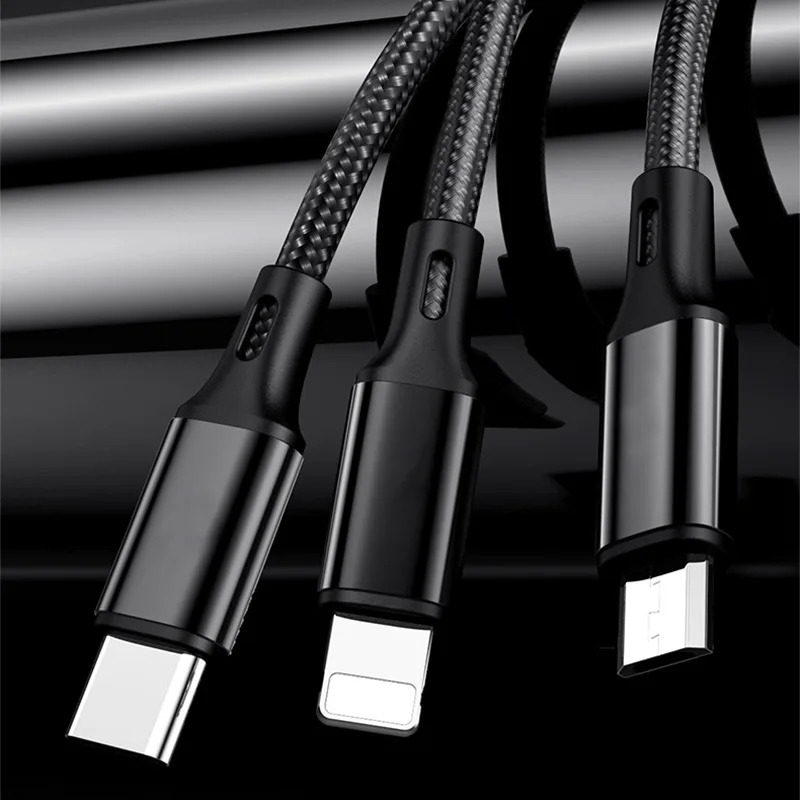 3 in 1 USB 고속 충전 케이블 1.2M 타입 C 마이크로 IOS 멀티 충전 케이블 (아이폰, 화웨이, 삼성용) 나일론 편조 케이블
