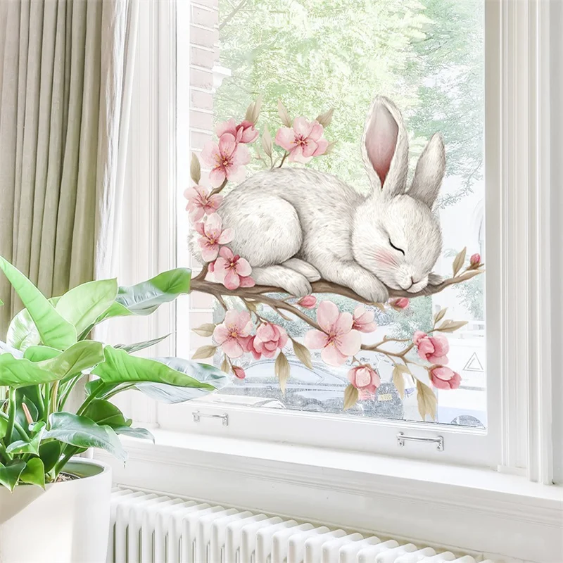 Cute Easter Sleeping Bunny Window Stickers Double Sided PVC Self-adhesive Kid's Room Home Decor Glass Decals Party Supplies Gift