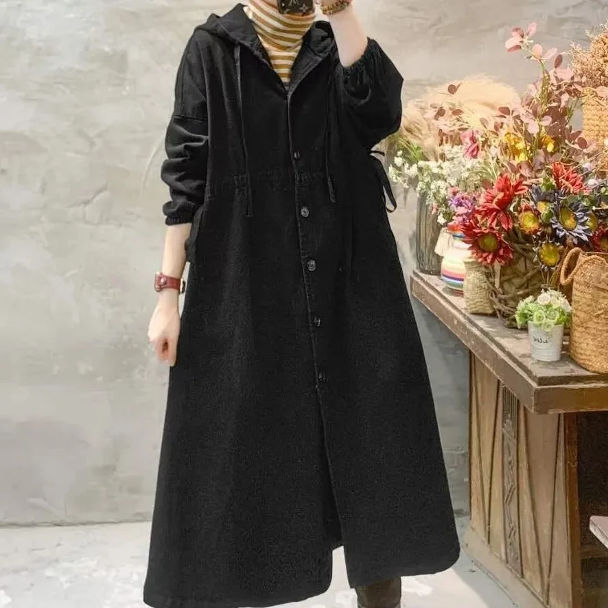 

2023 New Casual Long Denim Trench Coats For Women Clothing Spring Autumn Single Breasted Hooded Cardigan Jeans Windbreaker BC231