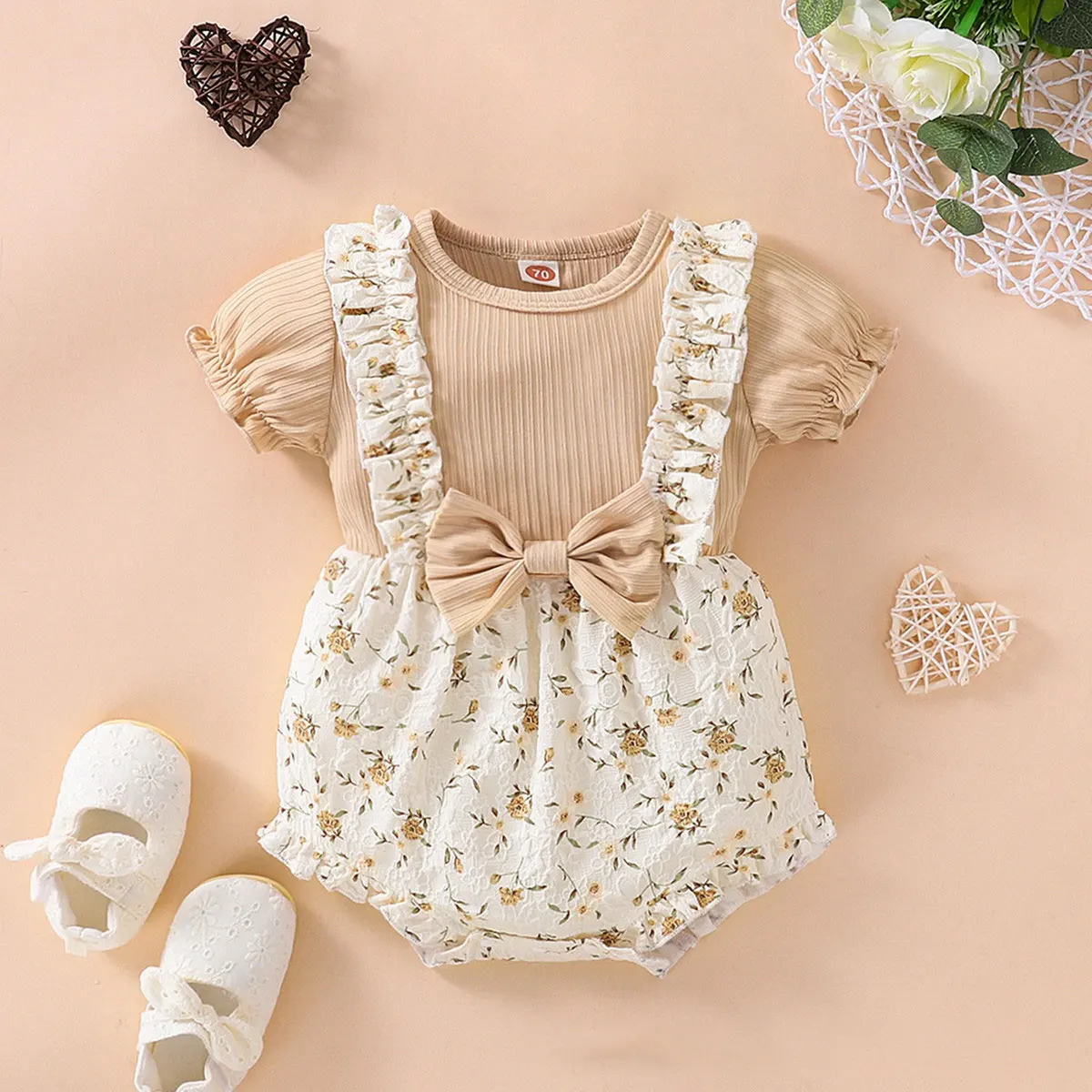 thumbnail image 1 of Vestido Floral de algodón para niñas, ropa de manga corta con cuello redondo y lazo de flores, informal y a la moda para recién nacidos, Verano, 1 of 4