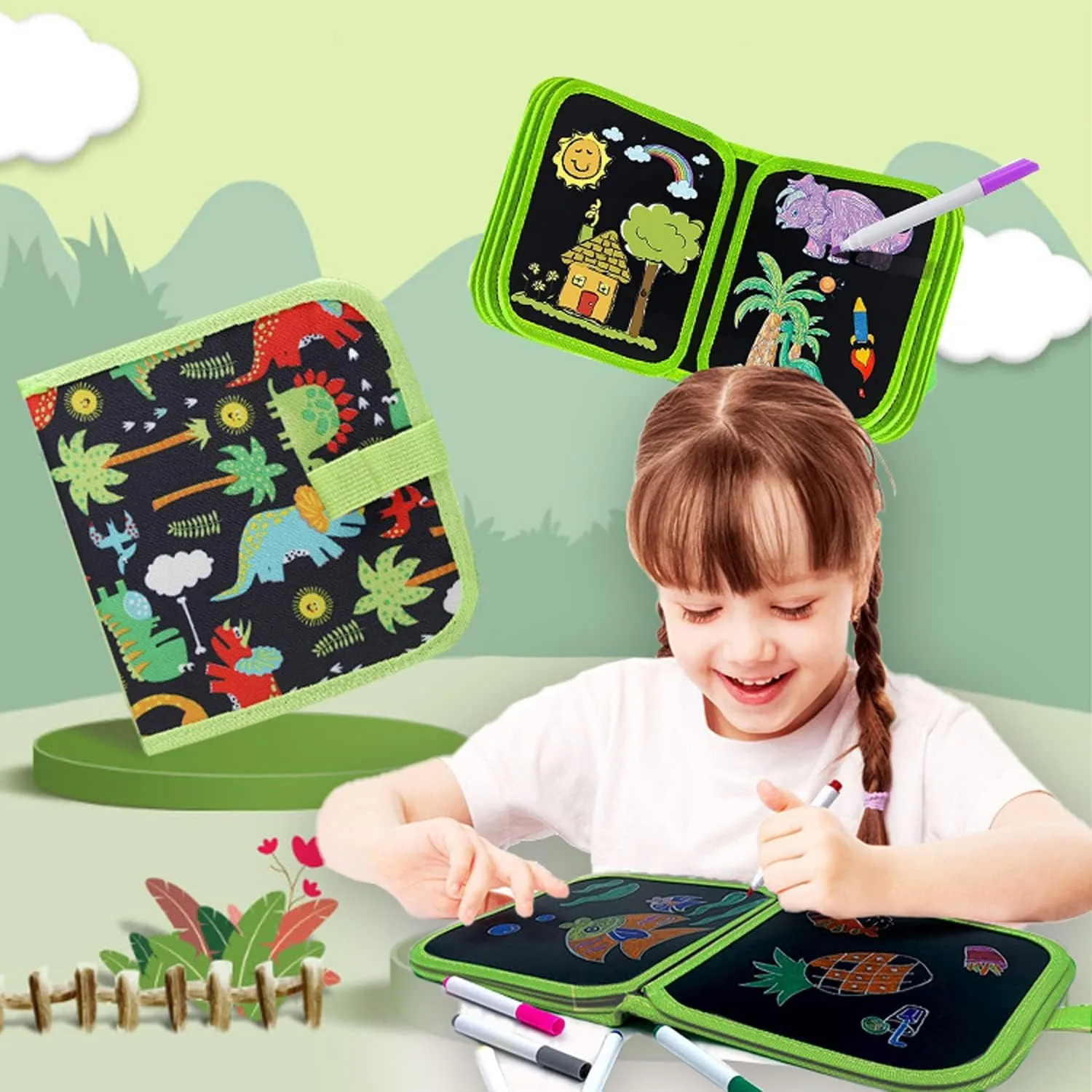 Green Dinosaur Erasable Book Doodle Set Magic Drawing Book Reusable Drawing Book 12 Watercolor Pens 14 Page Drawing for Kids 3