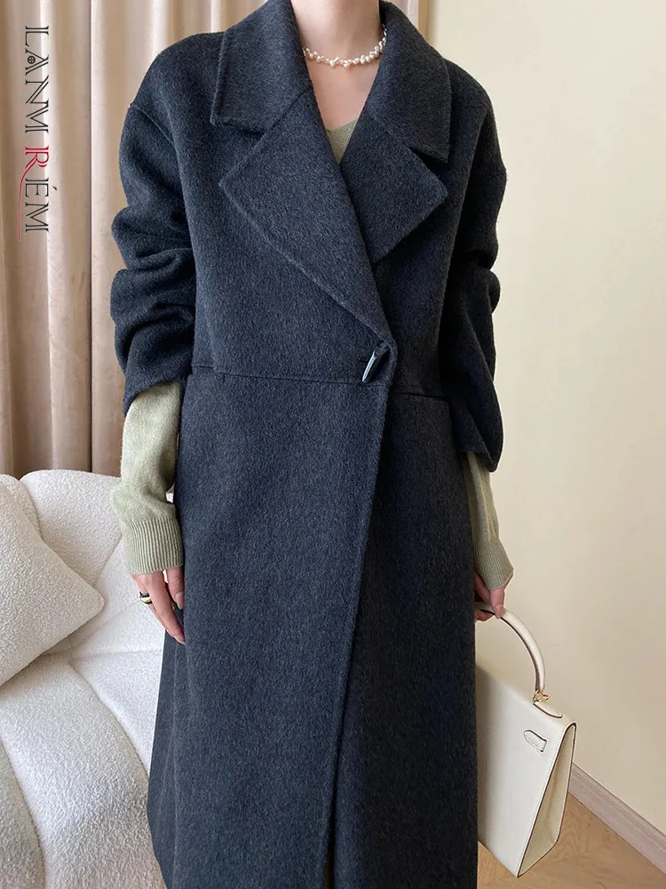 

[LANMREM] High End 100% Woolen Outwear Women Lapel Single Button Long Sleeve Office Lady Coats Femael 2023 Winter New 26D6226