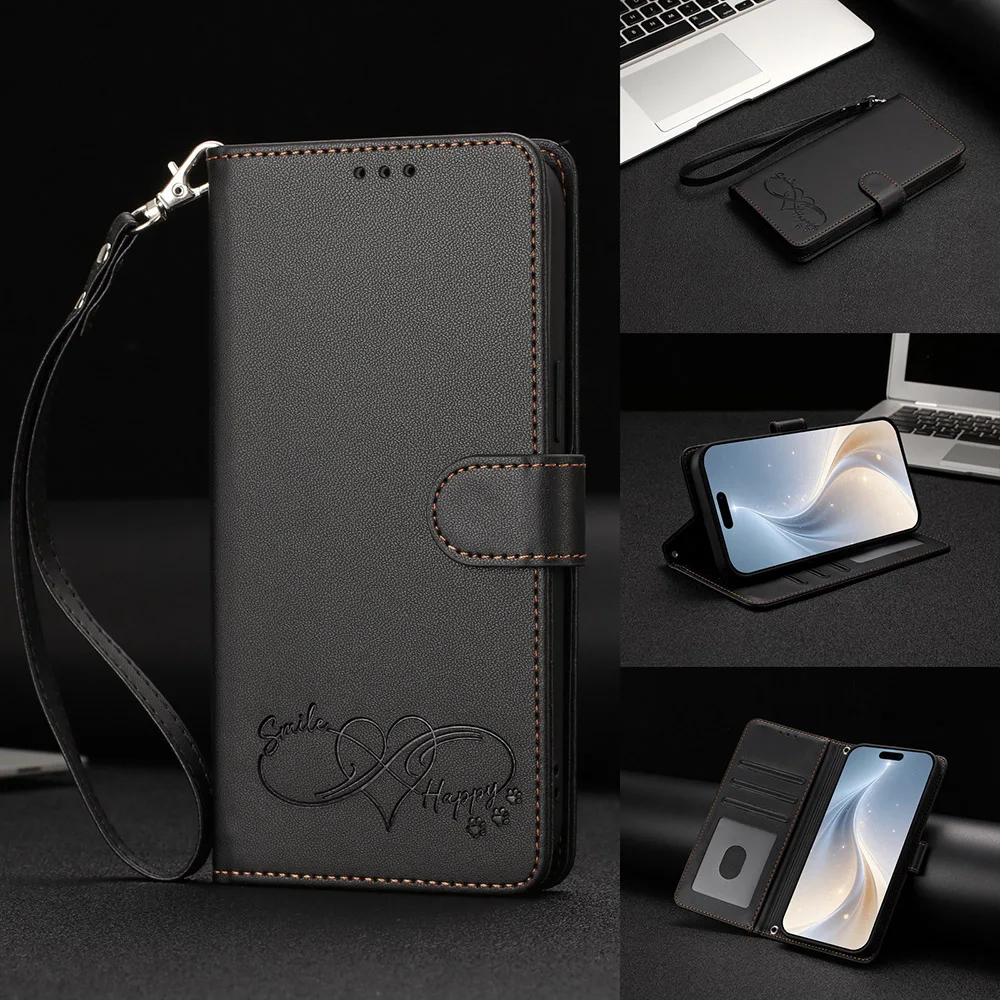Leather Flip Wallet Phone Case with Card Holder and Strap