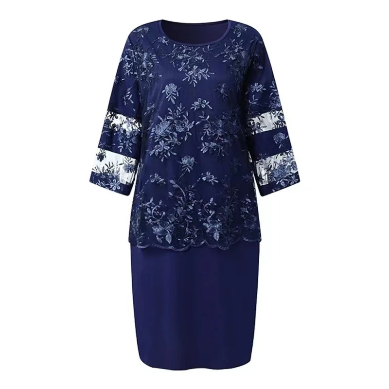 Plus Size Women Clothing New Fashion and Elegant Lace Embroidery Three-quarter Sleeves Solid Color Midi Wedding Party Dress