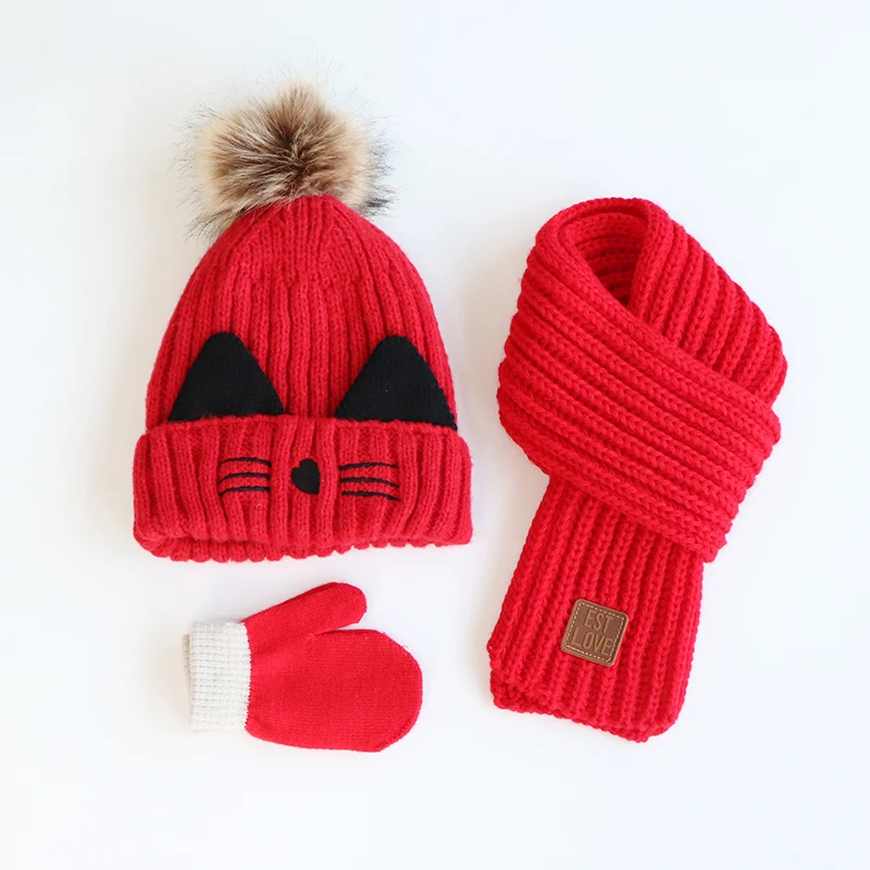 Three-piece plush children's hat scarf gloves autumn/winter suit boys and girls knit hat Kitty baby baby