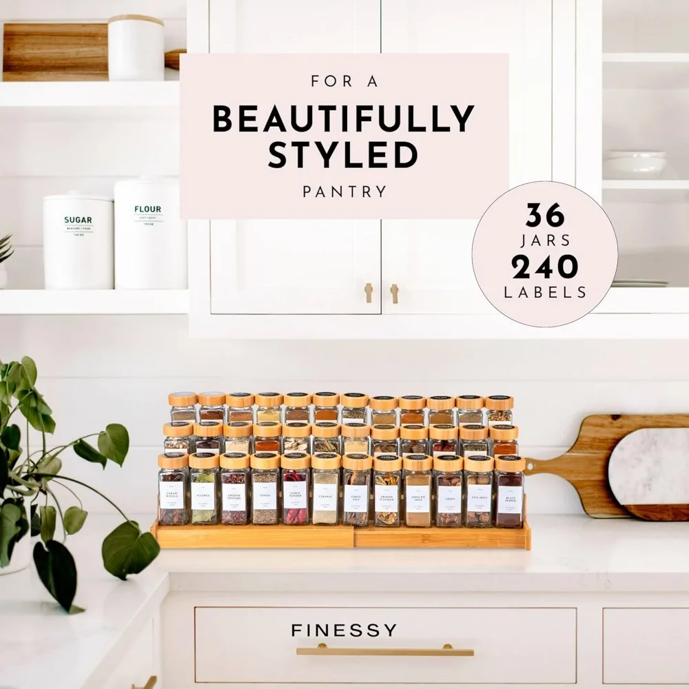 Glass Spice Jars with Label, 4oz-36 Pack Bamboo Spice Jars, Bottles Empty Glass with Labels