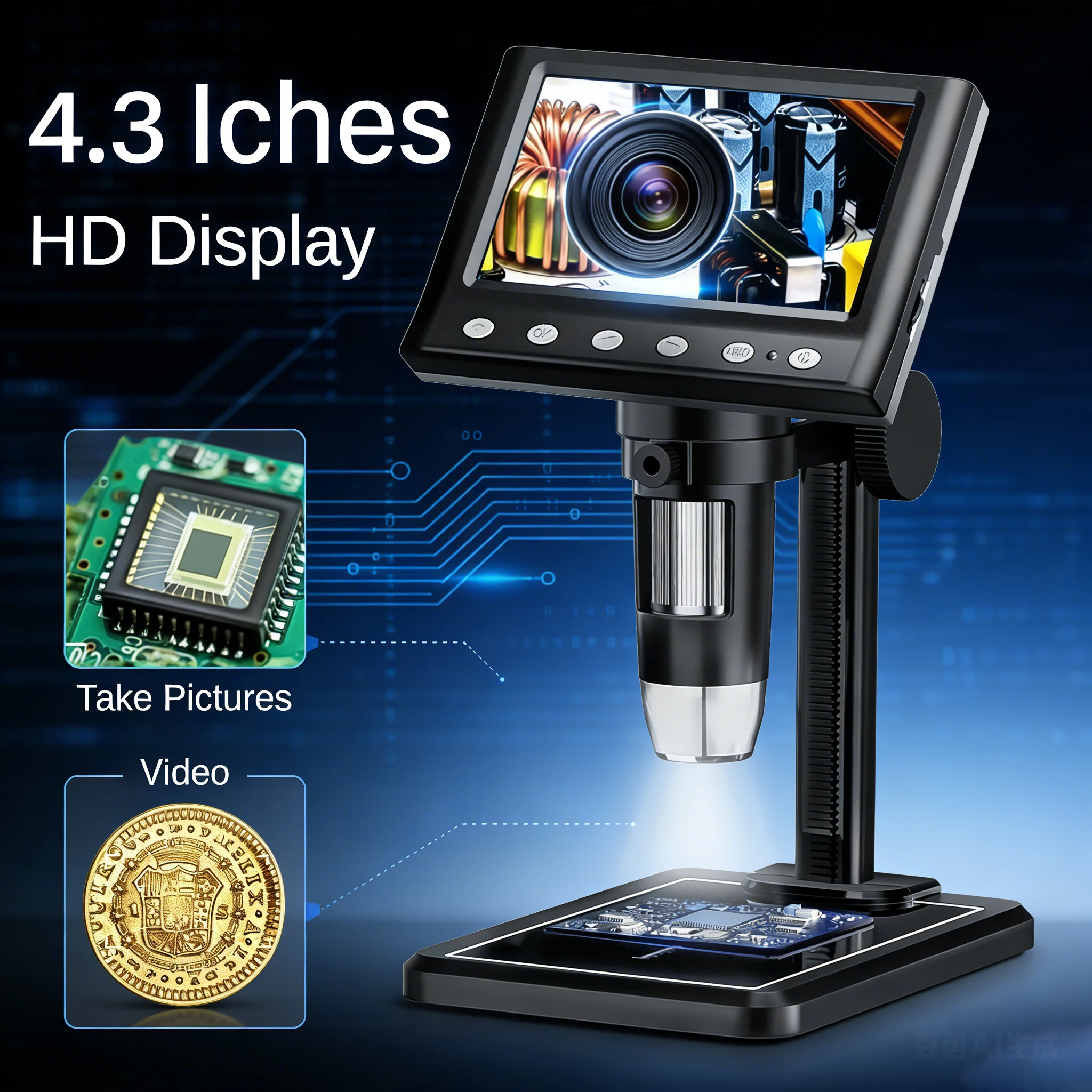 4.3인치 디지털 현미경 1000배율 코인 현미경 1080P 비디오 현미경(스탠드 포함) 성인용 납땜 현미경(8개 LED 포함)