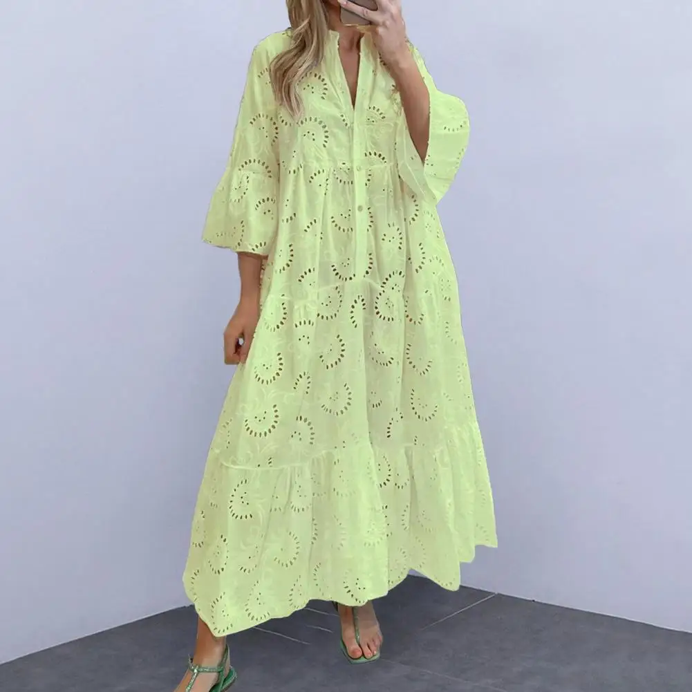 

Elegant Dress Embroidery Lace Maxi Dress V-neck 3/4 Flared Sleeve Dress Hollow Out Flower Pattern Ruffle Stitching Hem Dresses