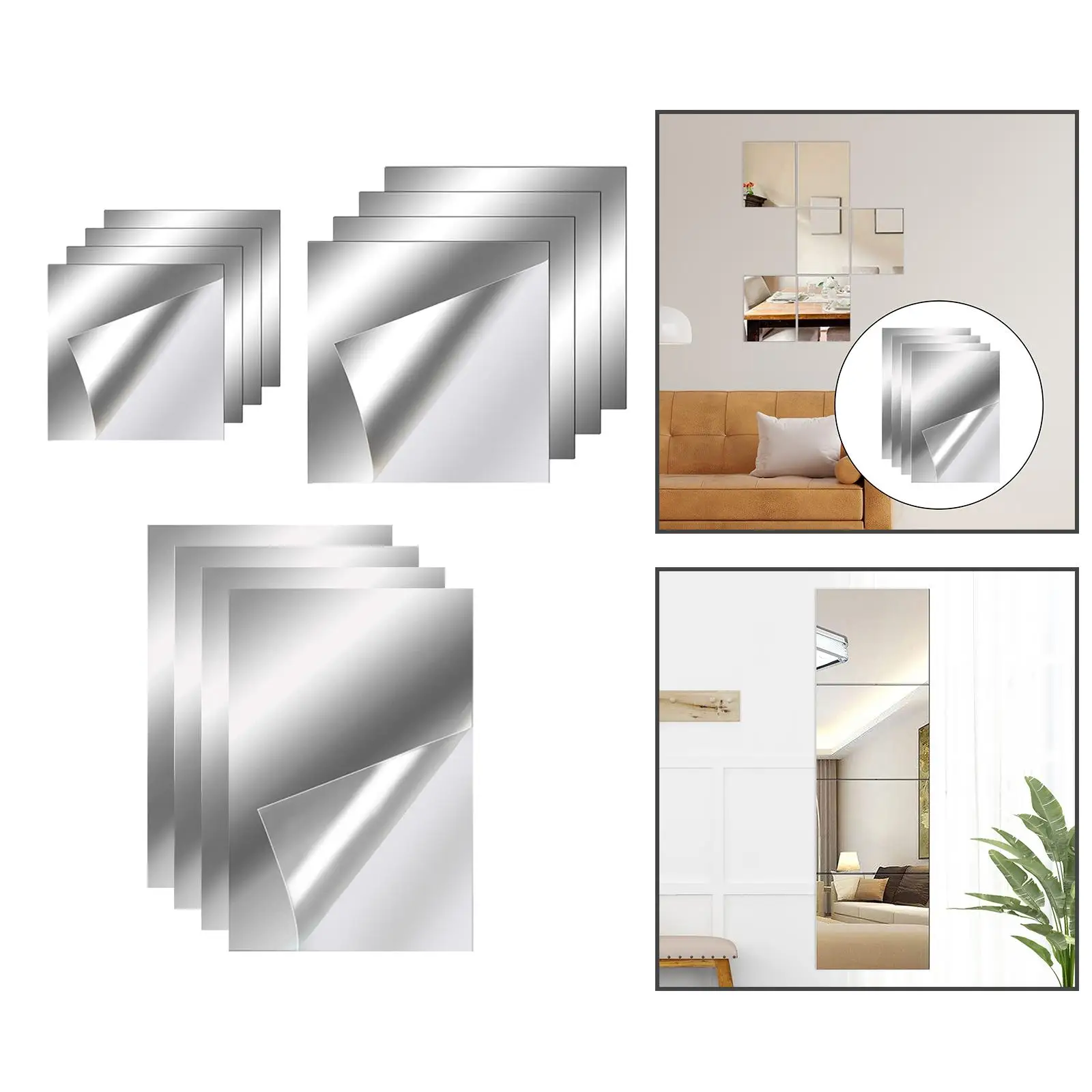 4x Square Wall Mirror Tiles Full Length Mirror Acrylic Flexible Sheets Sticky Wall Sticker Door Bathroom Home