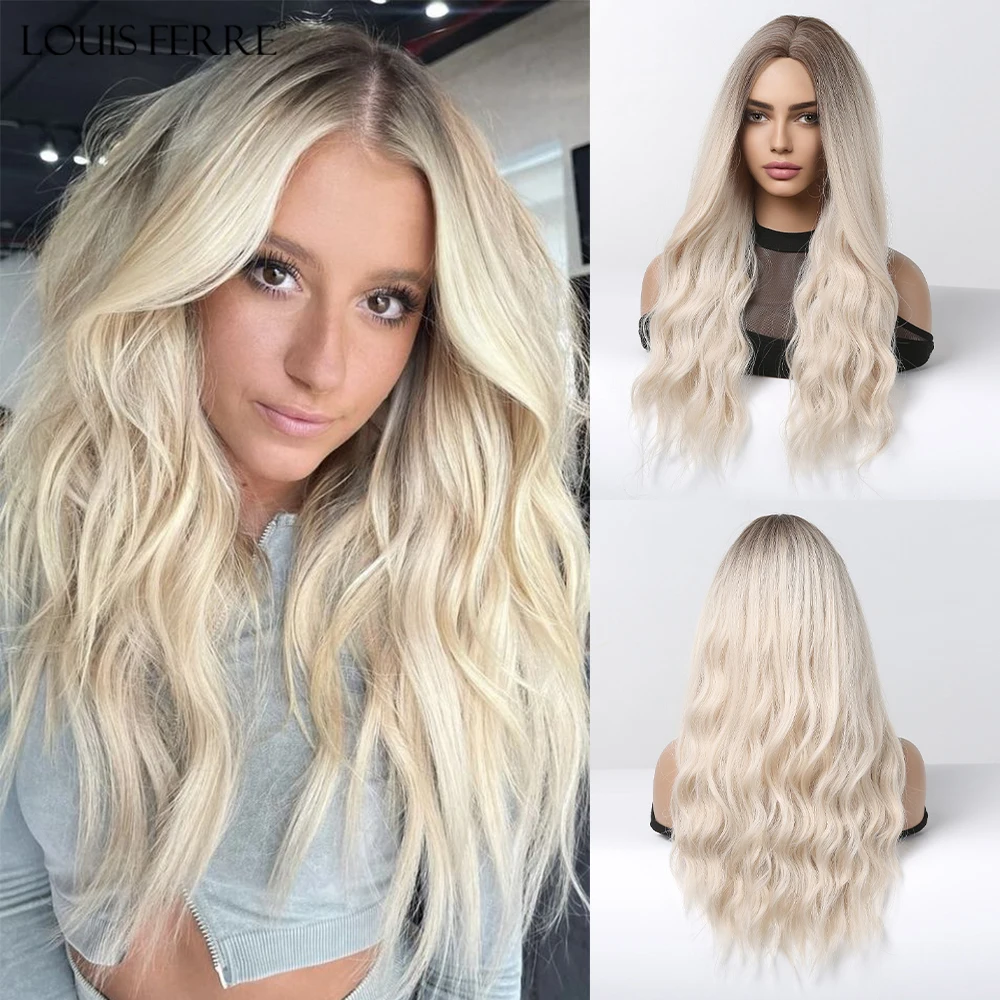 

LOUIS FERRE Synthetic Ombre Wigs for Women Brown Blonde Hair Wigs Long Wave Wig Natural Looking Daily Party Heat Resistant Fibre