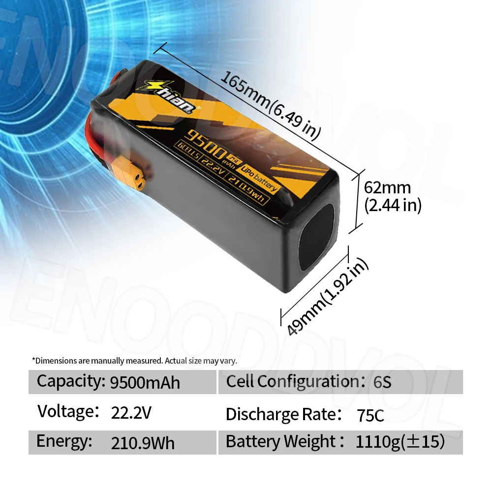 Vue de côté de la batterie Lipo 22.2V 9500mAh 6S 75C avec étiquette indiquant les spécifications.