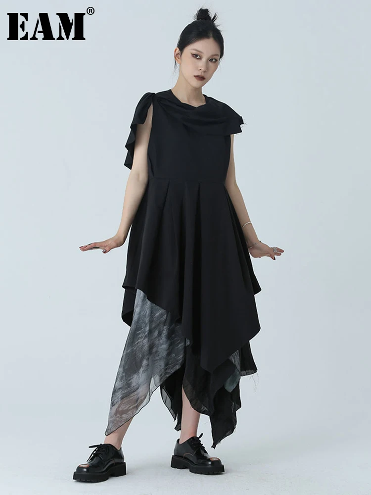 [EAM] Women Black Irregular Hem Big Size Pleated Dress New Round Neck Short Sleeve Fashion Tide Spring Summer 2024 1DH2085
