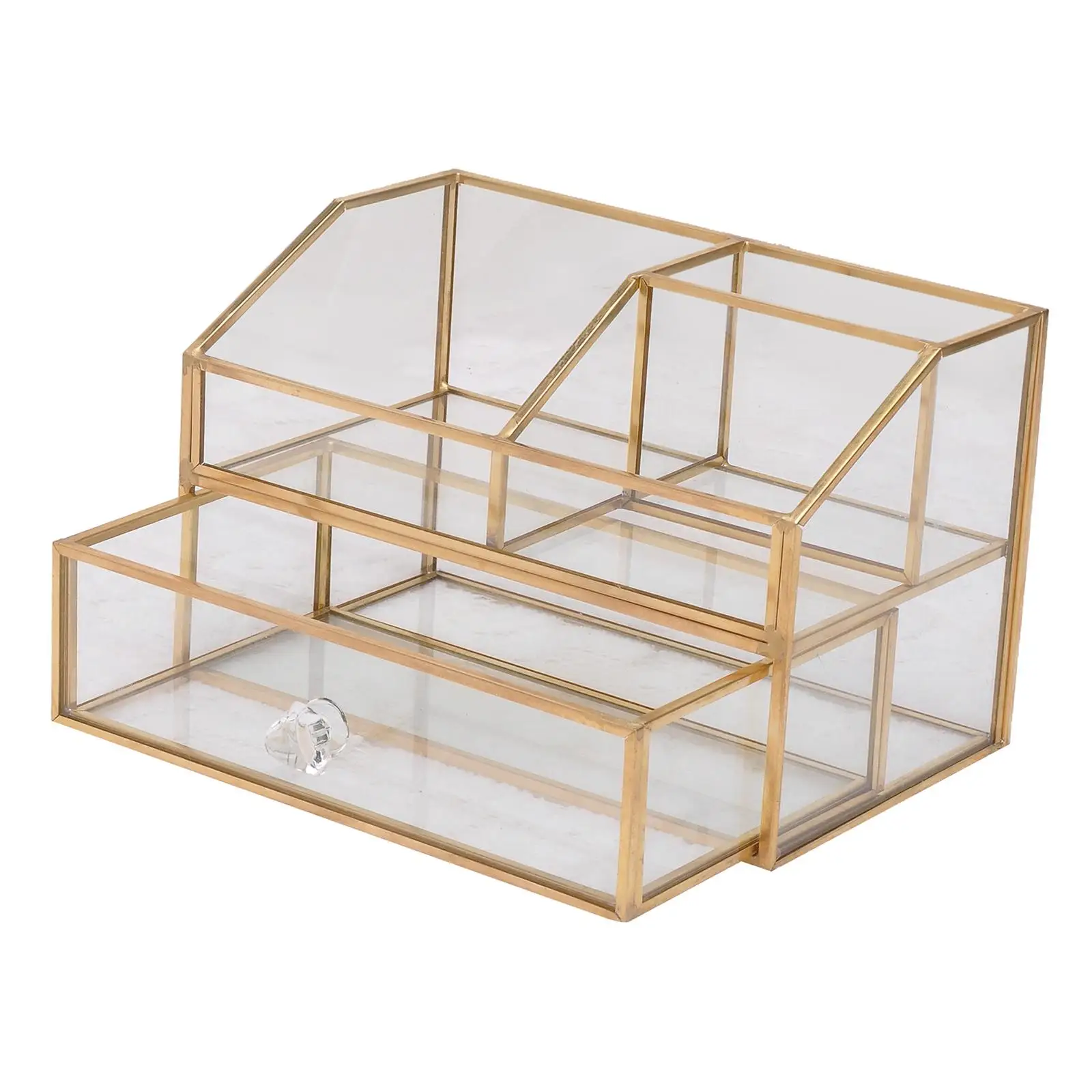 Luxury Glass Box Clear Glass Gold Tone Metal Jewelry Storage Case Cosmetic Makeup Lipstick Holder Organizer with Drawer