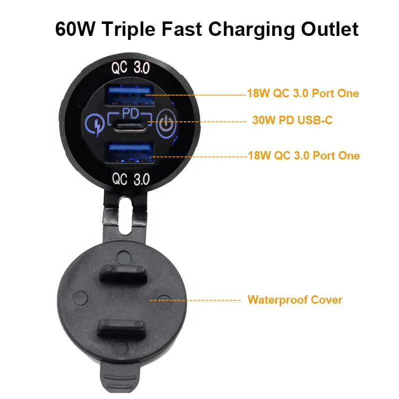 60W 방수 트리플 소켓 차량용 충전기 듀얼 QC3.0 USB + PD 타입-C 12-24V 알루미늄 컬러풀 라이트 RV 차량 보트 해양용