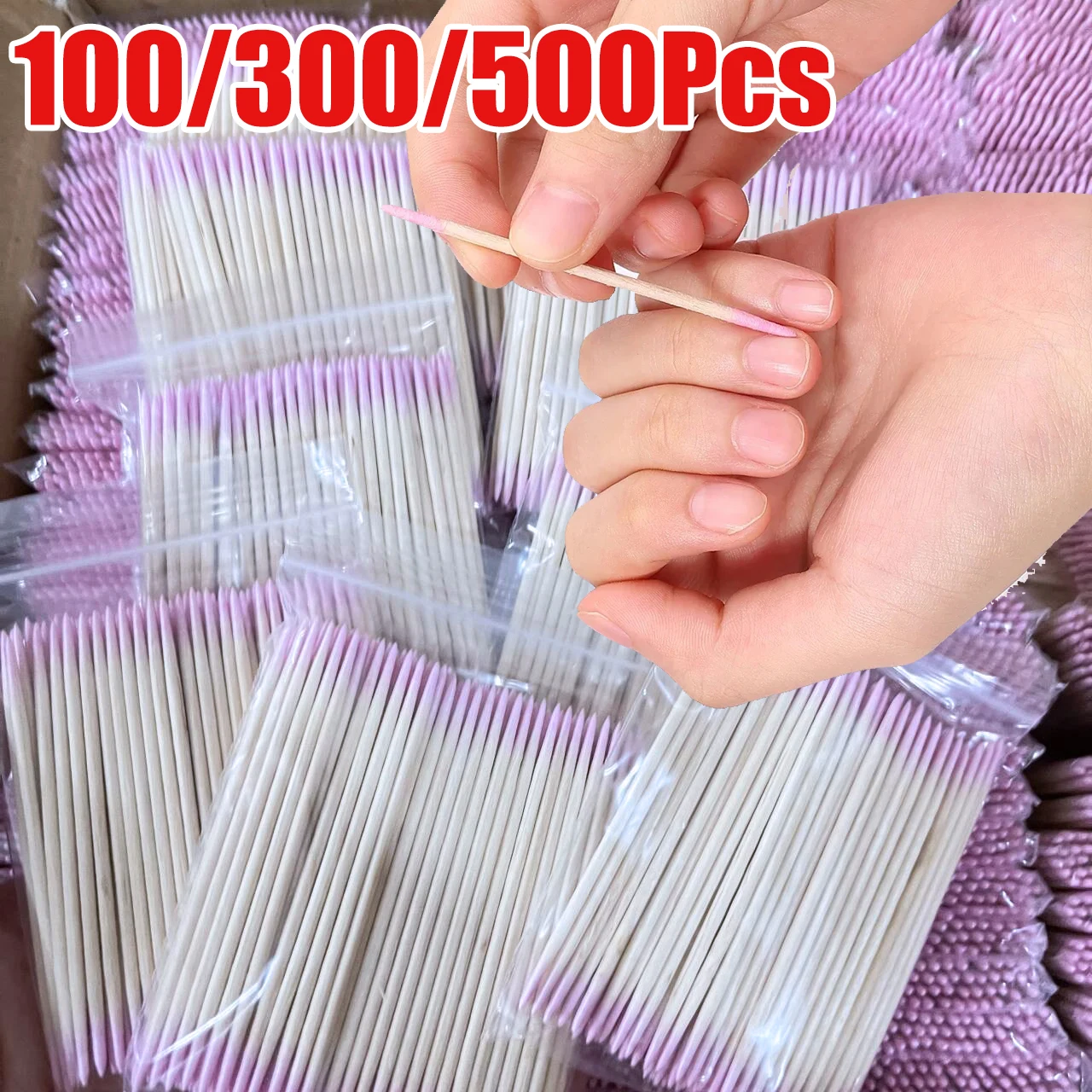 500/300/100Pcs Disposable Double-Head Pink Nails Wood Swab Ultra-small Cleaning Bud Cotton Stick Lint-Free Remove Tools Wood 7cm