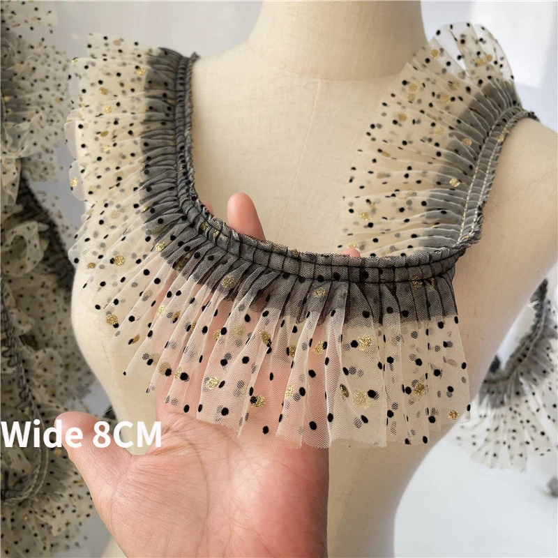 8CM 와이드 살구 블랙 더블 레이어 메쉬 골드 폴카 도트 수 놓은 리본 레이스 패브릭 프릴 트림 드레스 의류 봉제 장식