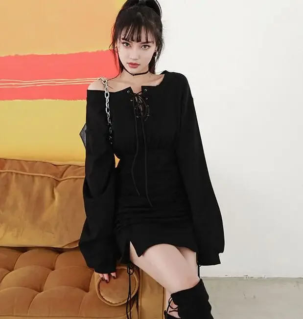 

Ruibbit Spring Autumn Women Gothic Girls Punk Mini Dress High Quality Long Sleeve Off Shoulder Sexy Black Dress Fashion Dresses