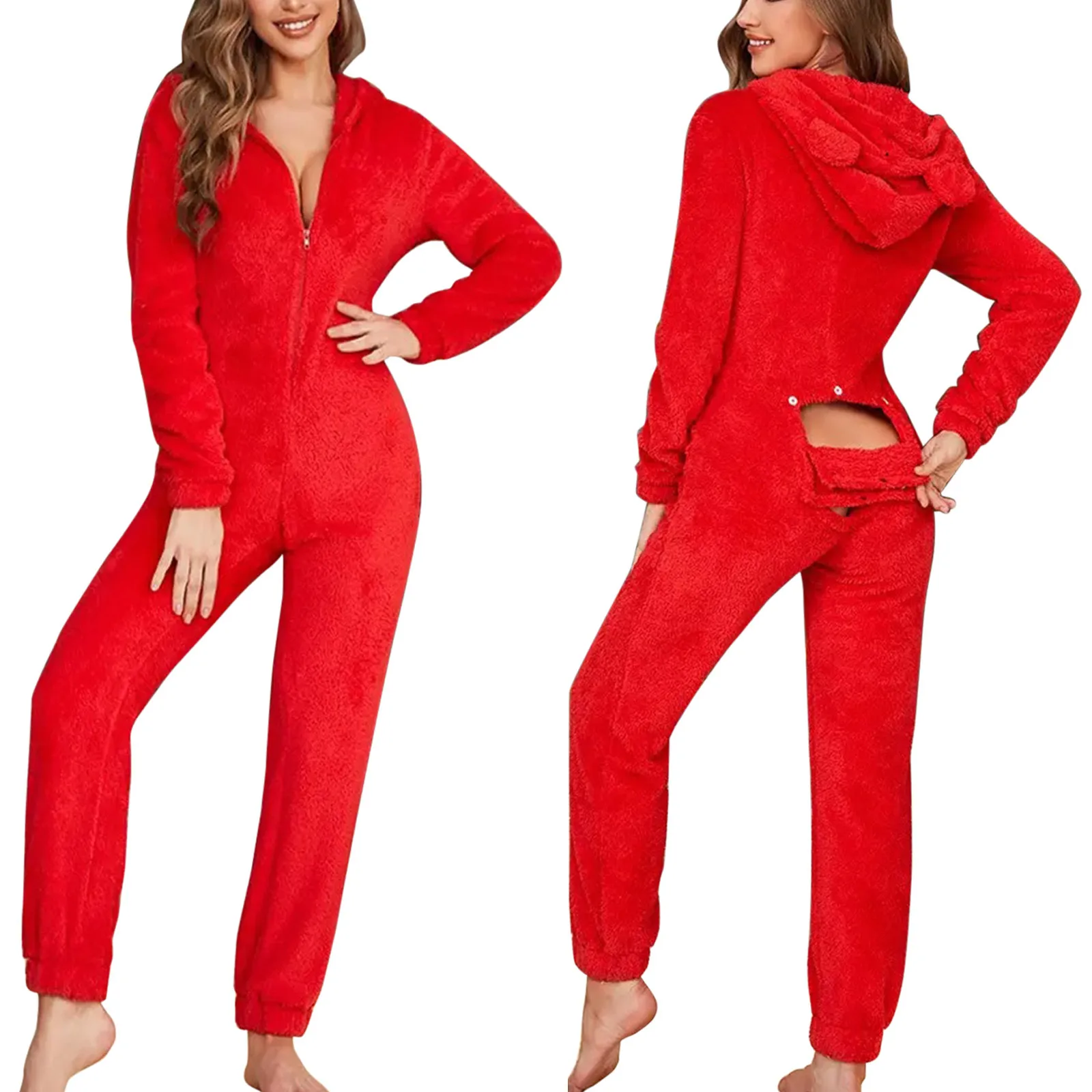 New Year Sleepwear Home Clothes Cat Ear Buttoned Flap Functional Onesies Pyjamas Fluffy Jumpsuit Hooded Playsuit Plus Size S-5XL
