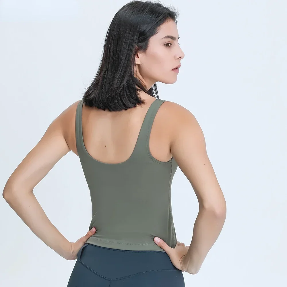 Women's Waist-Length Tank Top Deep V-neck 4-way Stretch Sweat-wicking Yoga Shirt With Removable Cups U-Back Workout  Gym Vest 2