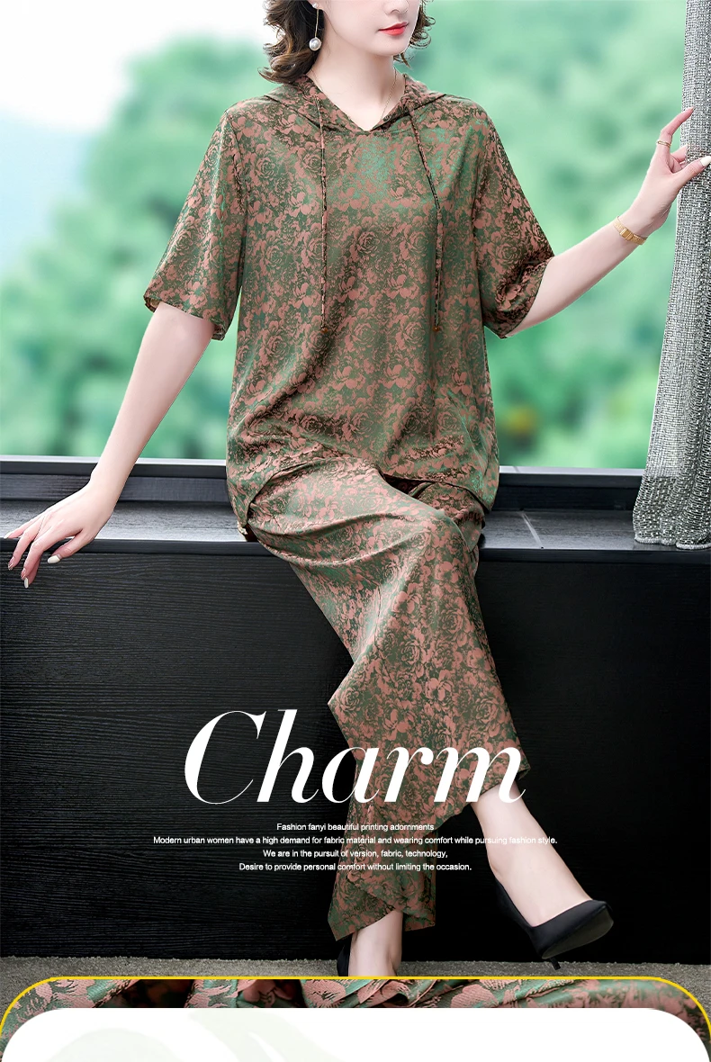 Autumn Coffe Long Sleeve Floral Top Coats+Black Jacquard Silk Wide Leg Pants Two Piece Sets Women Korean Vintage Prom Suits