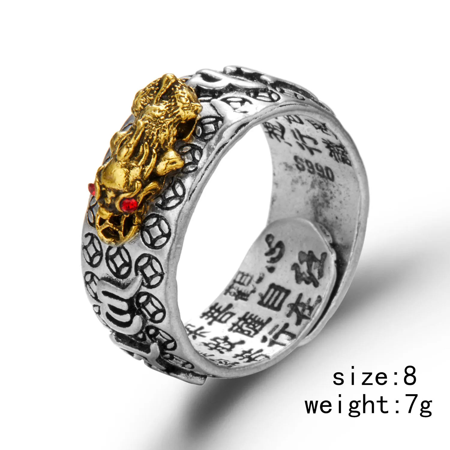 2 Teile/satz Chinesischen Feng Shui Messing Pixiu Ringe Für Männer Amulett Vintage Kupfer Münze Einstellbare Unisex Ring Bringen Reichtum Luck schmuck – Detail 1