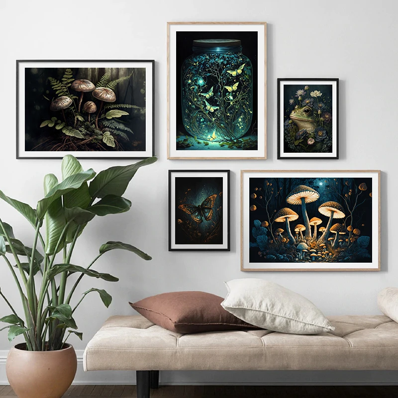 Dunkle Baumwolle Wand kunst drucken launischen botanischen Pilz 