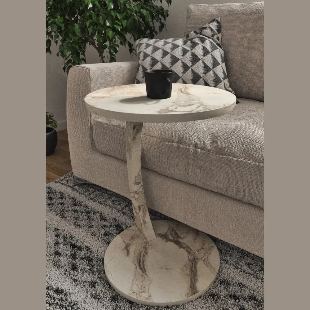 C Shaped End Table for Couch Small Places, Faux Marble White Space Saver Round Side Table for Sofa and Bedside with Wheels 4