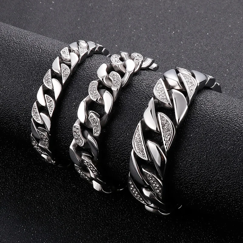 Fongten 22 cm Kubanischen Kette Armbänder Für Männer Zirkon Edelstahl Kette Handgelenk Armbänder Gothic Männlichen Armreif Silber Farbe schmuck – Detail 6