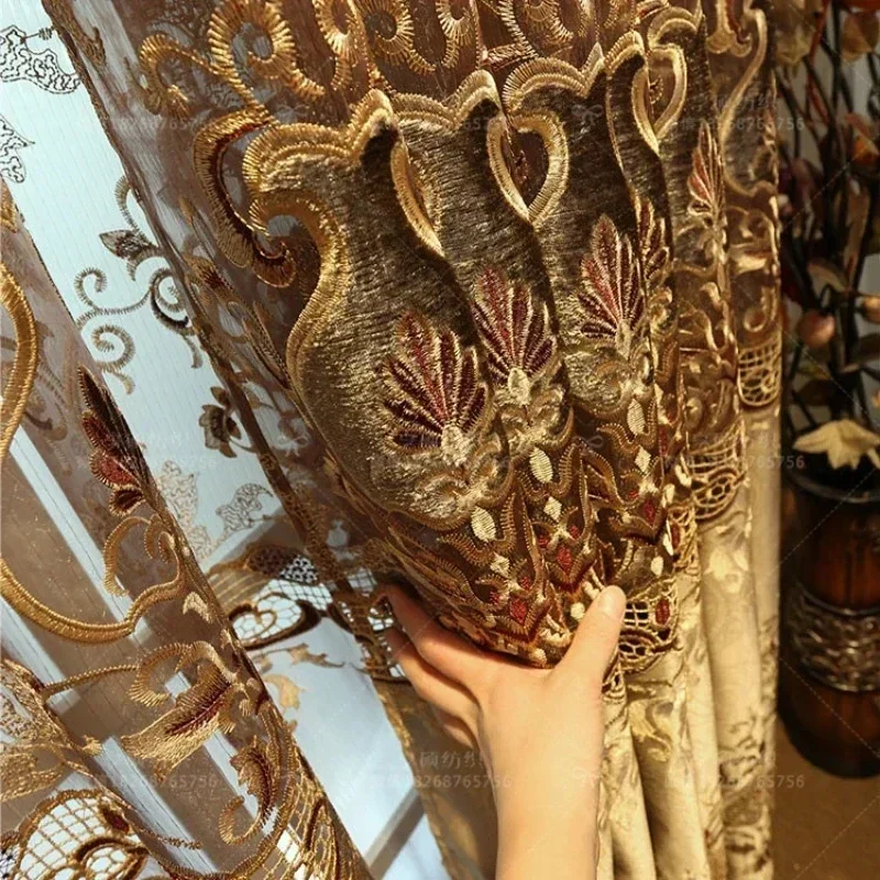 

Gold Luxury Embroidery Curtains for Living Dining Room Bedroom European Style Atmospheric Blackout Valance Tulle Customization
